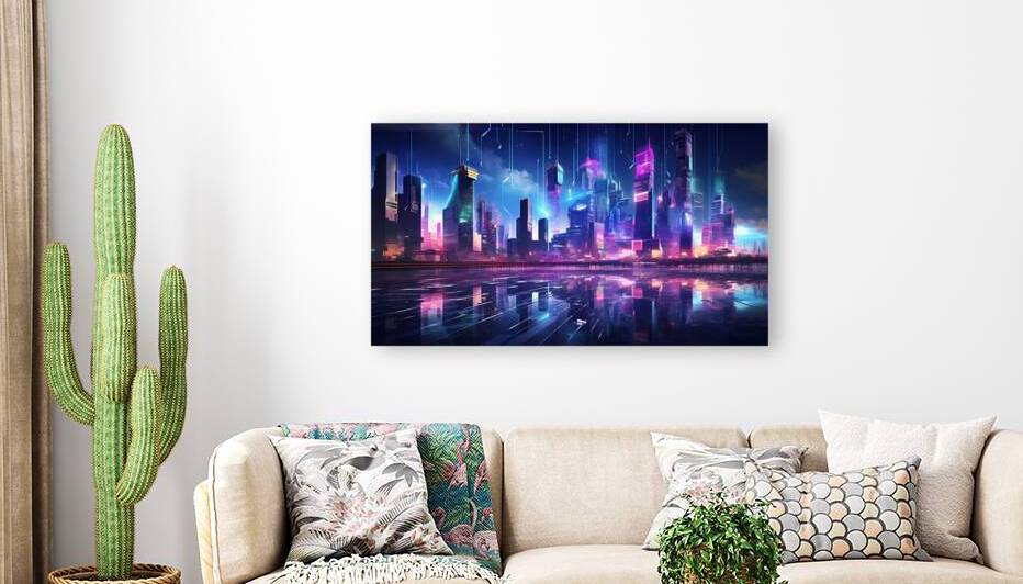 Psychedelic cityscape with towering neon skyscrapers by Win Hardy