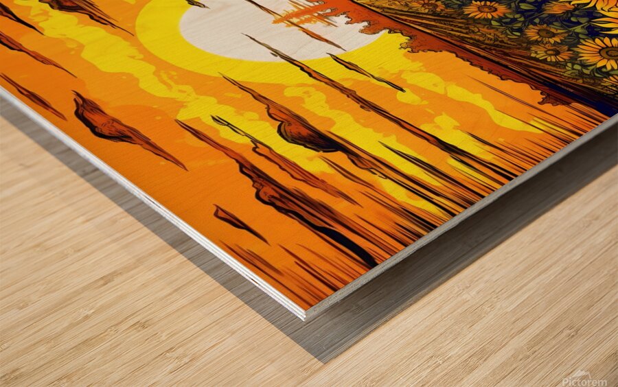 Sunflower field at sunset Wood print