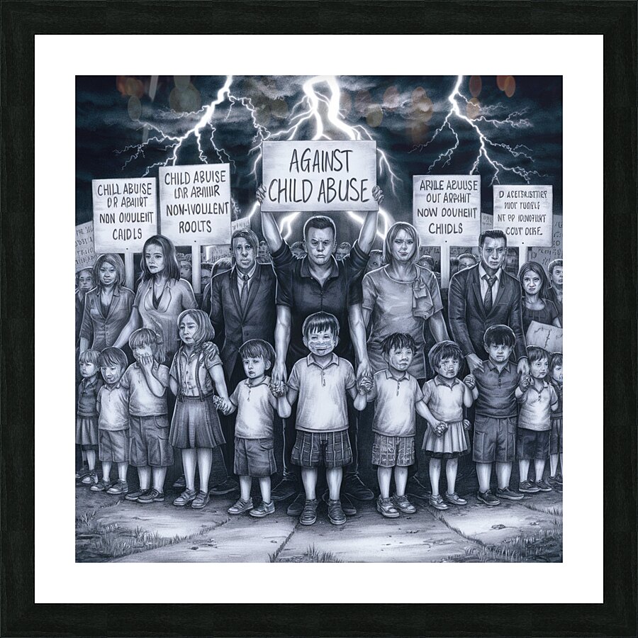 A pencil drawing conveying the fight against violence towards children Picture Frame print