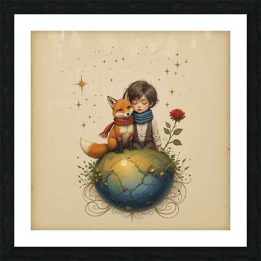 Boy and Fox on a Tiny Round Planet with Red Rose Vibrant Colors Beige Background Twinkling Stars and Intricate Details Perfect for Nursery Kids Room. Picture Frame print