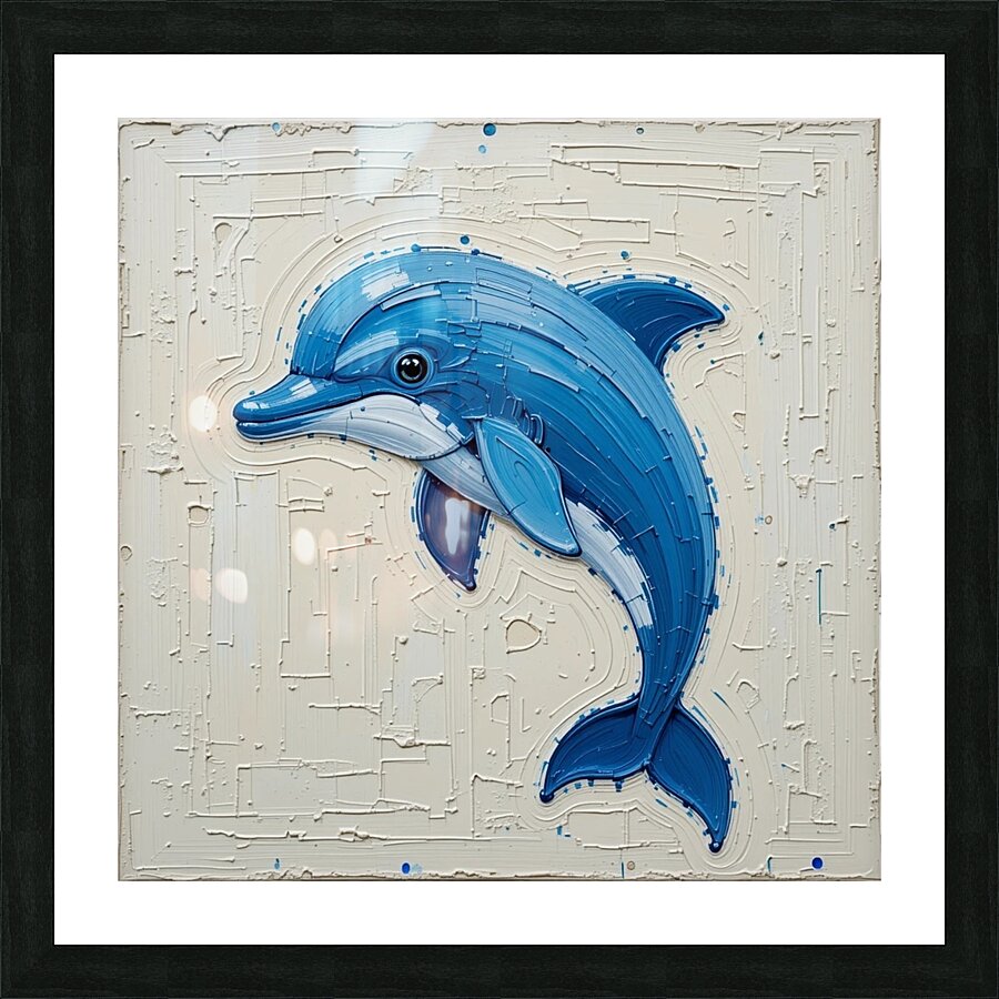 A striking minimalist impasto painting of a cute dolphin. Picture Frame print
