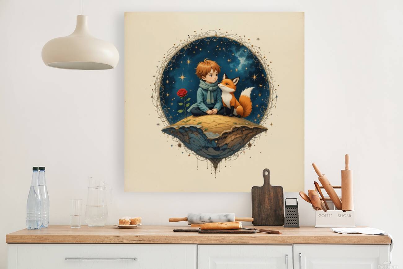 Boy and Fox on a Tiny Round Planet with Red Rose Vibrant Colors Beige Background Twinkling Stars and Intricate Details Perfect for Nursery Kids Room. Reproduction
