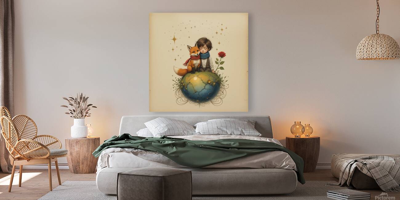 Boy and Fox on a Tiny Round Planet with Red Rose Vibrant Colors Beige Background Twinkling Stars and Intricate Details Perfect for Nursery Kids Room. Reproduction