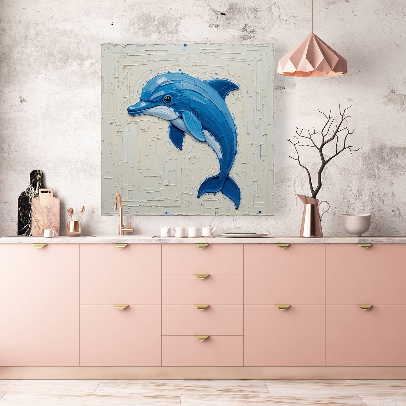 A striking minimalist impasto painting of a cute dolphin. Reproduction