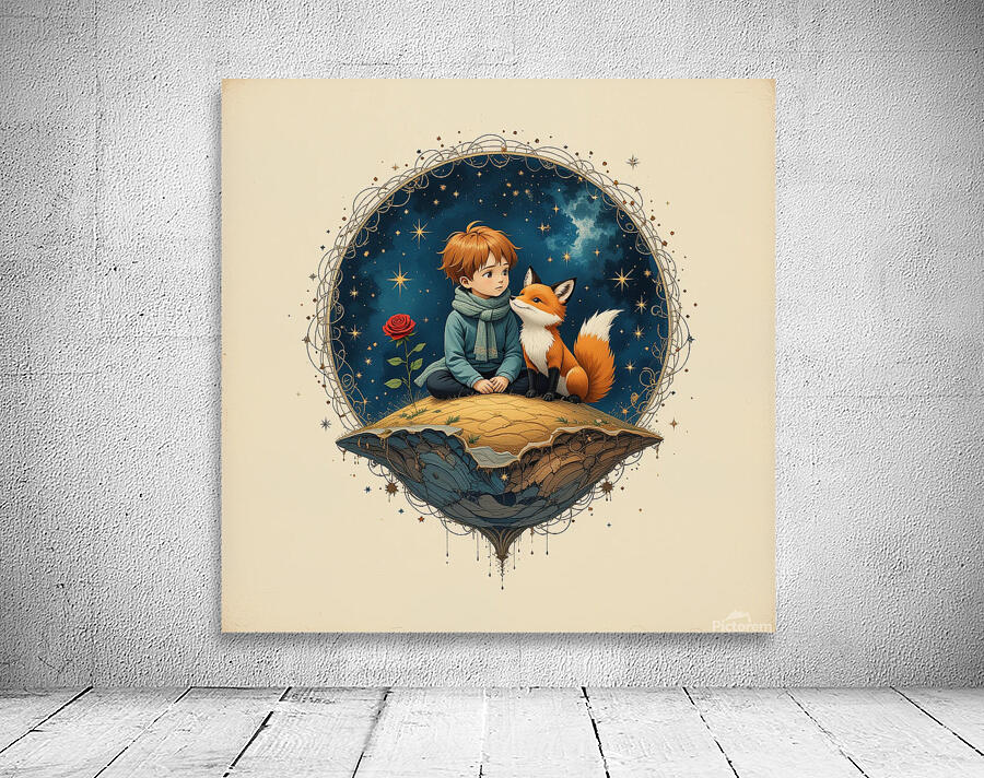 Boy and Fox on a Tiny Round Planet with Red Rose Vibrant Colors Beige Background Twinkling Stars and Intricate Details Perfect for Nursery Kids Room. Wall Preview