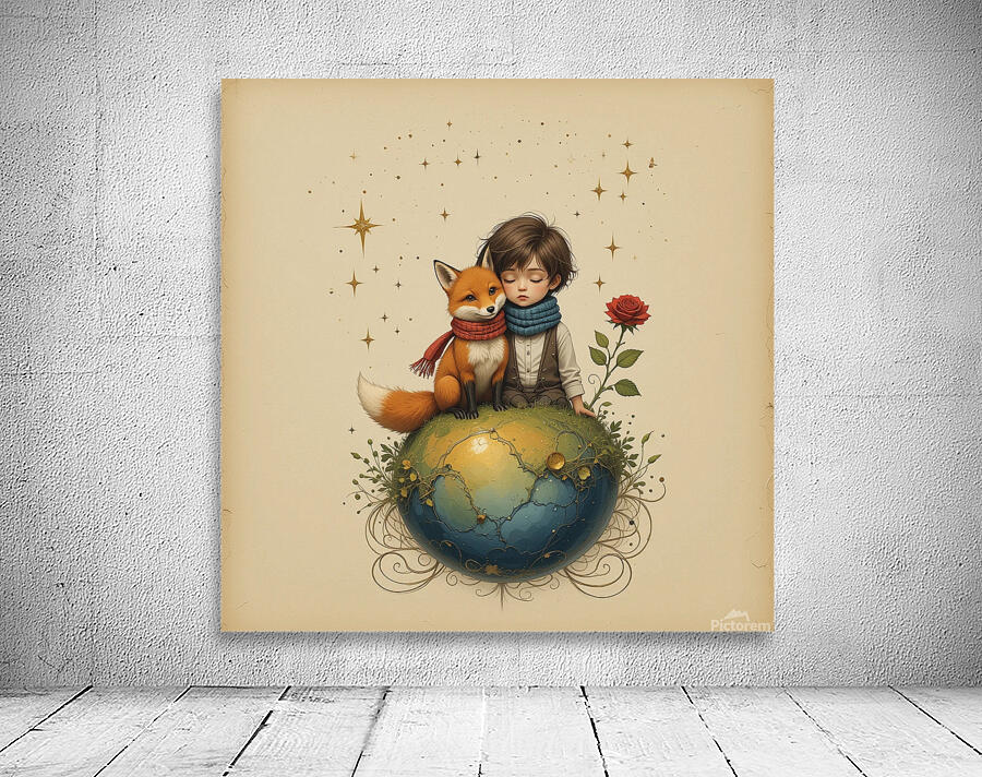 Boy and Fox on a Tiny Round Planet with Red Rose Vibrant Colors Beige Background Twinkling Stars and Intricate Details Perfect for Nursery Kids Room. Wall Preview