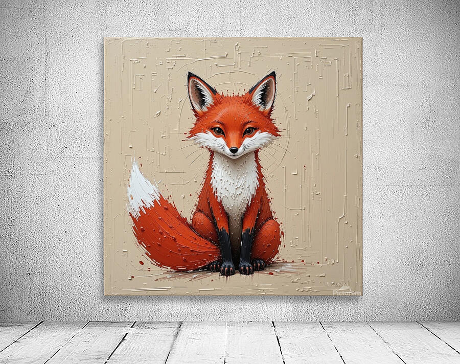 A striking minimalist impasto painting of a cute fox. Wall Preview