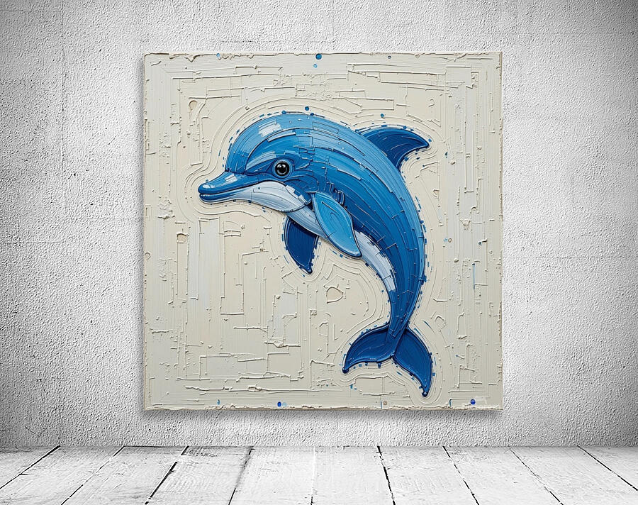 A striking minimalist impasto painting of a cute dolphin. Wall Preview