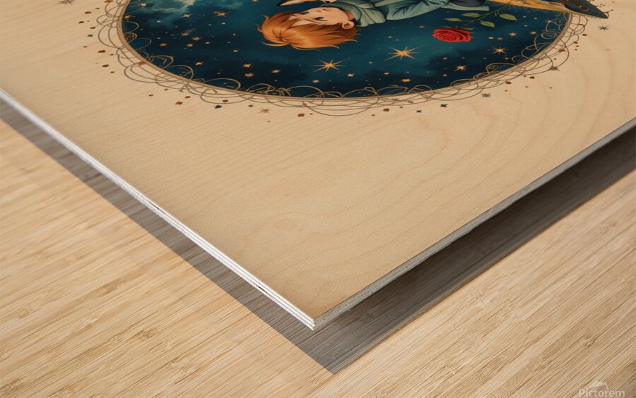 Boy and Fox on a Tiny Round Planet with Red Rose Vibrant Colors Beige Background Twinkling Stars and Intricate Details Perfect for Nursery Kids Room. Wood print