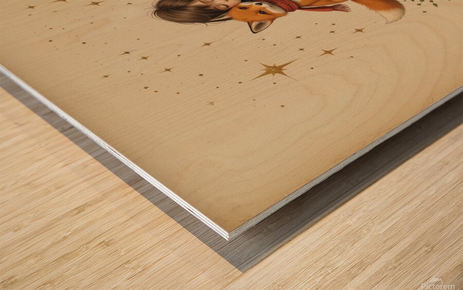 Boy and Fox on a Tiny Round Planet with Red Rose Vibrant Colors Beige Background Twinkling Stars and Intricate Details Perfect for Nursery Kids Room. Wood print