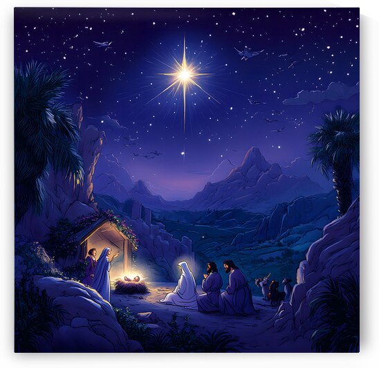 Christmas Nativity Scene – Baby Jesus Under the Star of Bethlehem in Bethlehem Night Sky by David Enders