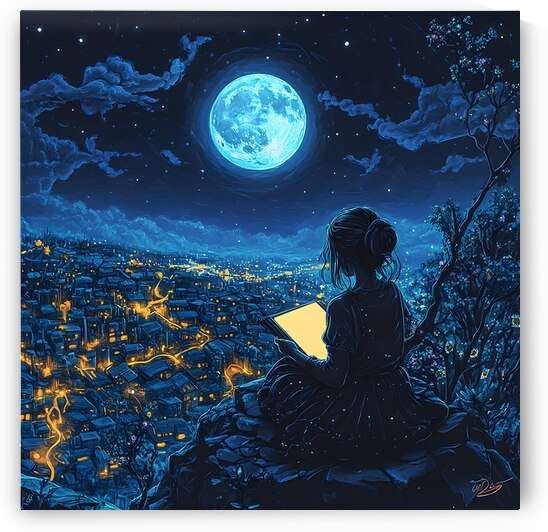 Moonlit Reader Contemplative Night Cityscape Illustration by David Enders