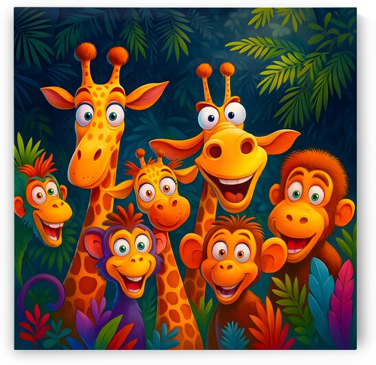 Vibrant Safari Jungle Animals Nursery Canvas Art Print by David Enders
