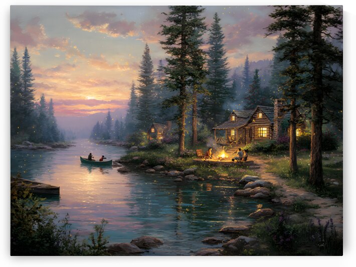 Mountain Lake Cabin Paradise with Evening Campfire and Magical Twilight by David Enders