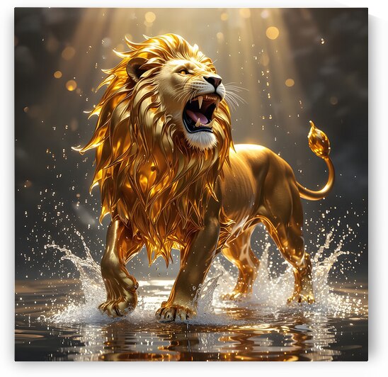 Majestic Liquid Gold Lion With Water Splash by David Enders