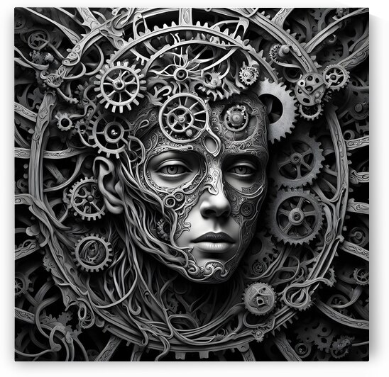 Mechanical Muse Ornate Steampunk Portrait Black White Art by David Enders