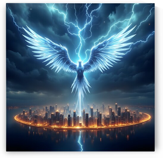 Thunderbird Lightning Storm Above Illuminated Circular Metropolis by David Enders