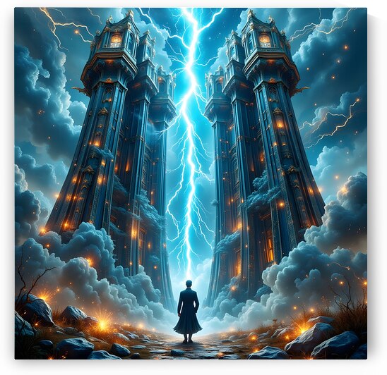 Celestial Gateway Twin Towers Lightning Storm Fantasy Architecture by David Enders