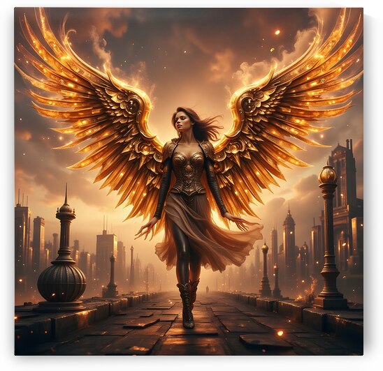 Steampunk Angel Warrior with Golden Mechanical Wings Fantasy Art by David Enders