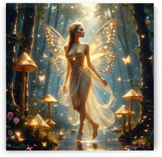 Golden Fairy with Luminous Butterfly Wings Enchanted Forest Fantasy by David Enders