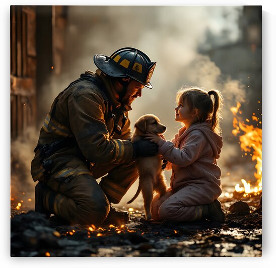 Hero Firefighter Rescues Puppy Golden Hour Dramatic Rescue Scene by David Enders