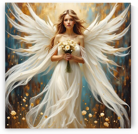 Ethereal Guardian White Winged Angel with Wildflowers by David Enders
