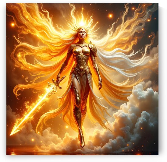 Celestial Sun Goddess Warrior With Golden Flaming Sword And Divine Armor by David Enders