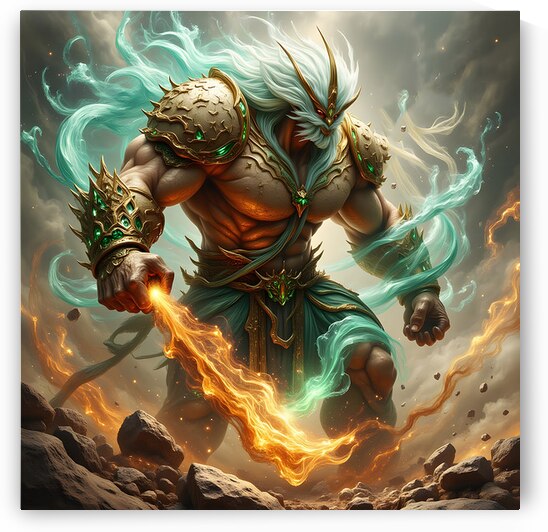 Epic Earth Elemental Warrior Titan With Golden Armor Flaming Hammer And Wind Magic by David Enders