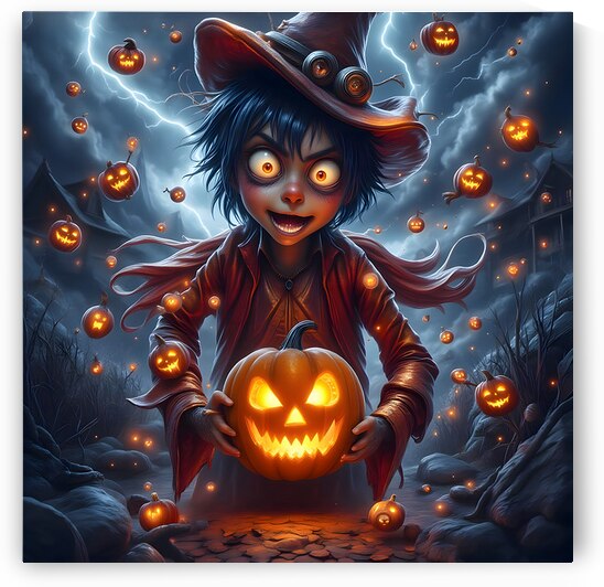 Pumpkin Wizard Boy Storm Night Halloween Fantasy Digital Art by David Enders