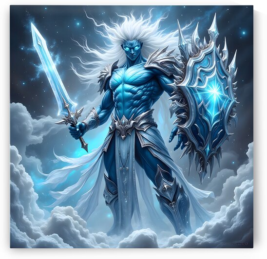 Epic Ice God Warrior Character with Ornate Frost Armor Sword and Shield by David Enders