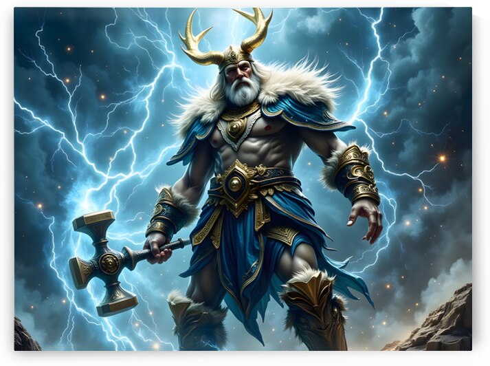 Norse Thunder God with Hammer Standing in Epic Lightning Storm by David Enders