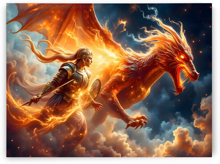 Dragon Warrior Woman Soaring with Flaming Phoenix Dragon in Clouds by David Enders