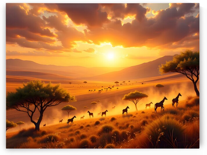 Golden Hour Safari with Zebras Giraffes and Acacia Trees at Sunset by David Enders