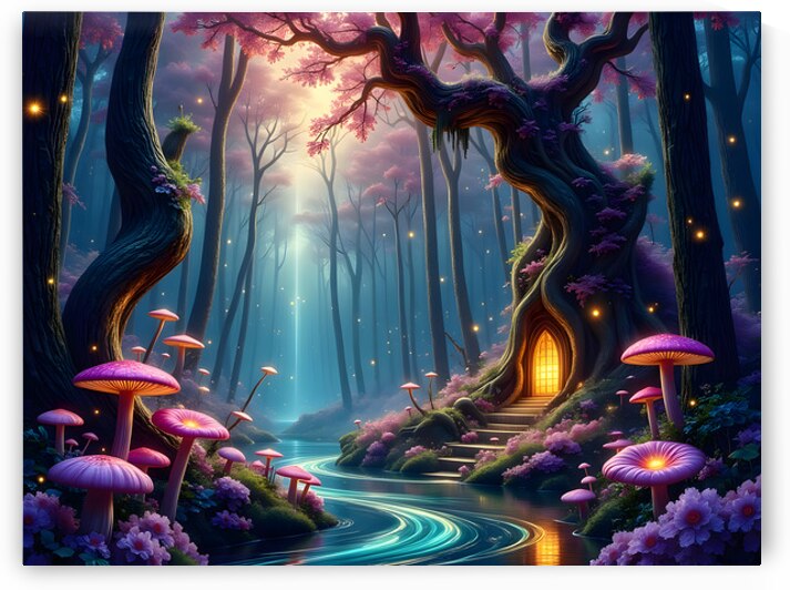 Mystical Woodland Sanctuary With Illuminated Tree Door and Bioluminescent Fungi by David Enders