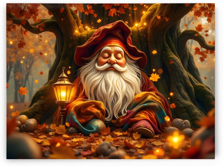 Mystical Autumn Dwarf Meditating in Enchanted Golden Maple Forest by David Enders