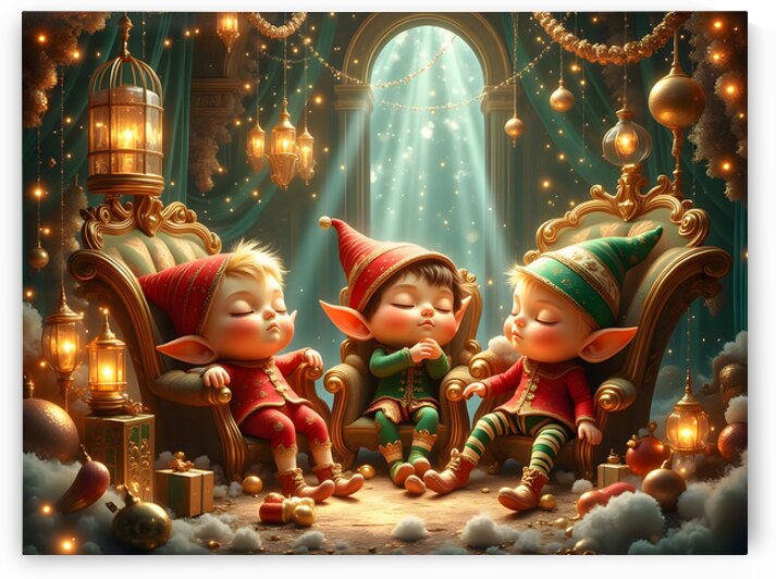 Three Exhausted Christmas Elves Sleeping After Holiday Party in Santas Magical Workshop by David Enders