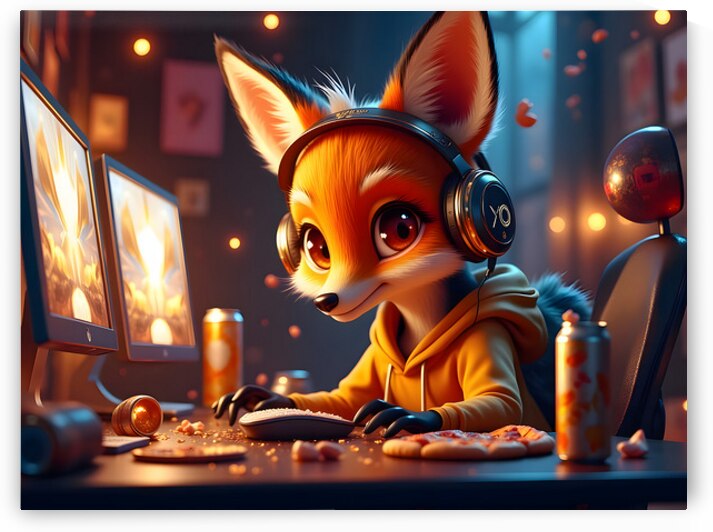 Adorable Gaming Fox Character with Headphones at Computer Streaming Setup with Snacks by David Enders