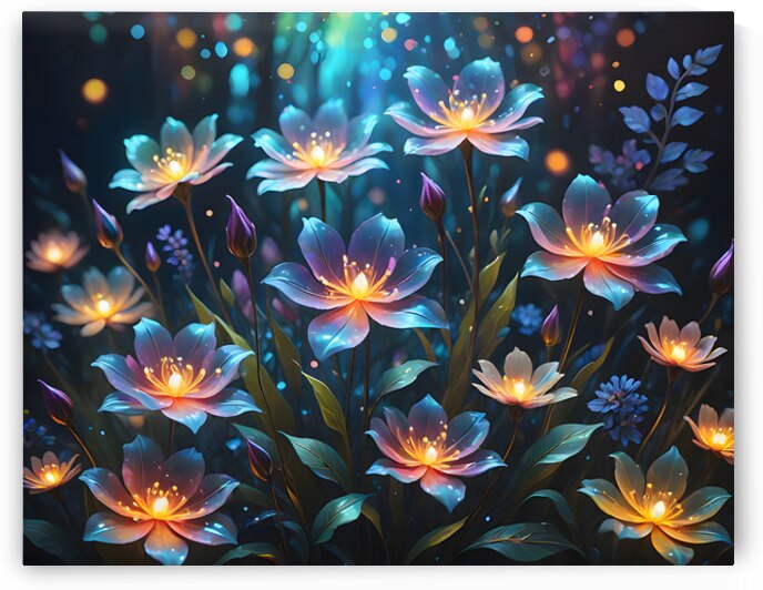 Ethereal Bioluminescent Fantasy Flowers Glowing in Magical Twilight Garden by David Enders