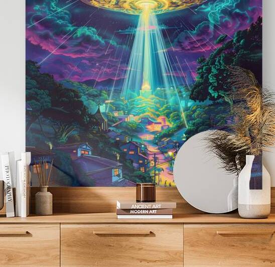 The Visitation Retrofuturistic UFO Scene with Atmospheric Detail by David Enders