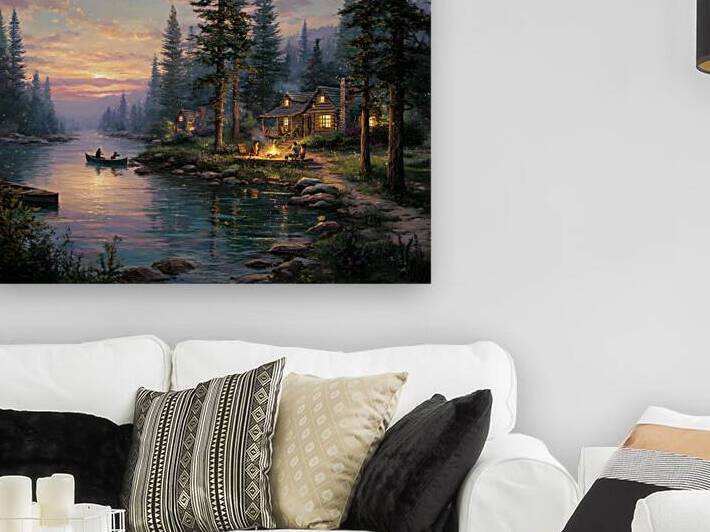 Mountain Lake Cabin Paradise with Evening Campfire and Magical Twilight by David Enders