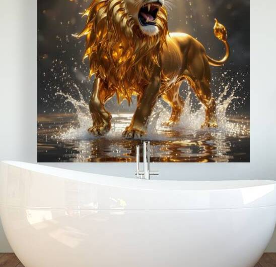 Majestic Liquid Gold Lion With Water Splash by David Enders