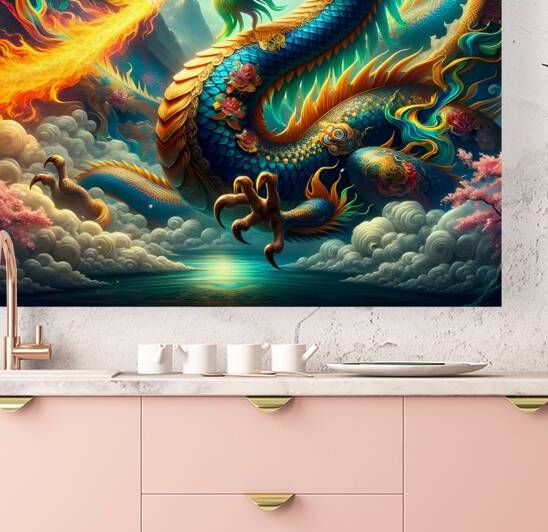 Celestial Guardian Imperial Dragon with Golden Fire and Lotus Flowers by David Enders