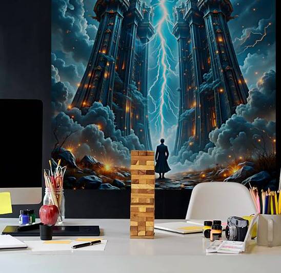 Celestial Gateway Twin Towers Lightning Storm Fantasy Architecture by David Enders