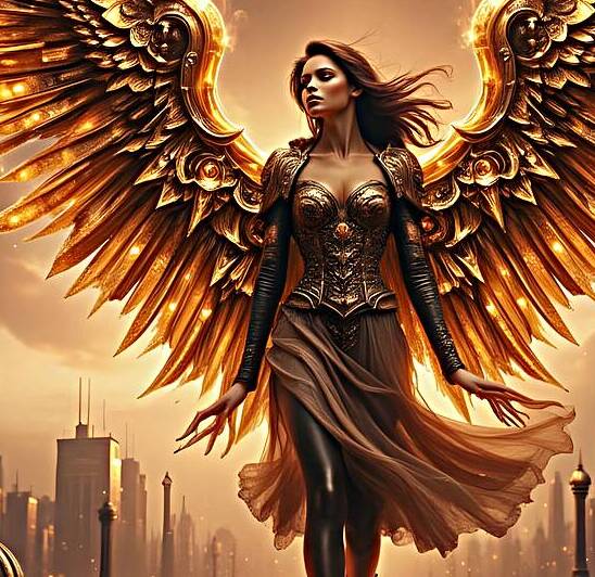 Steampunk Angel Warrior with Golden Mechanical Wings Fantasy Art by David Enders