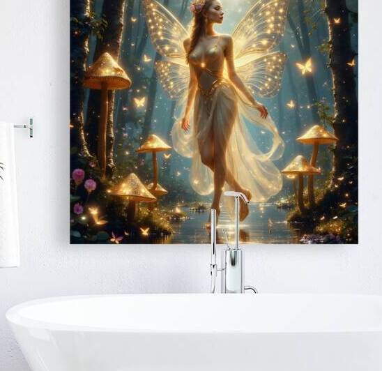 Golden Fairy with Luminous Butterfly Wings Enchanted Forest Fantasy by David Enders
