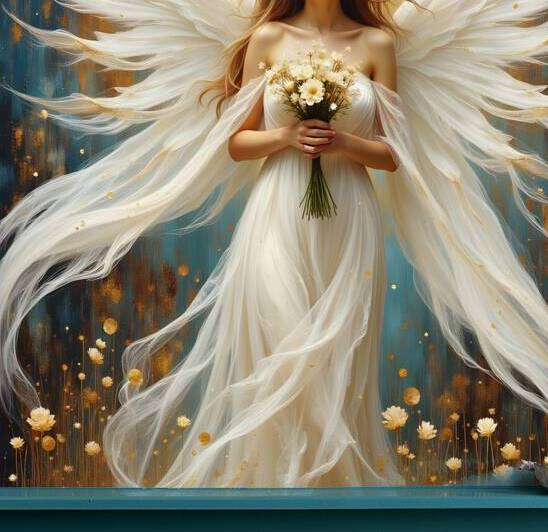 Ethereal Guardian White Winged Angel with Wildflowers by David Enders