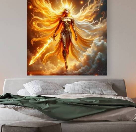 Celestial Sun Goddess Warrior With Golden Flaming Sword And Divine Armor by David Enders