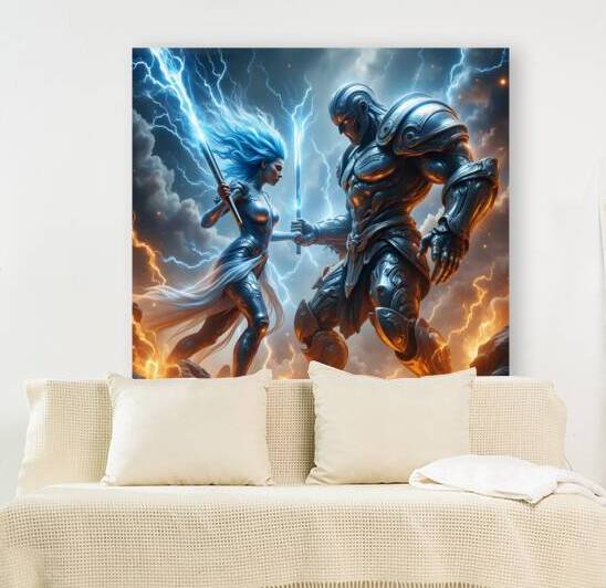 Epic Lightning Warrior Versus Armored Metal Titan Storm Battle Fantasy Art by David Enders