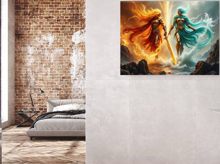 Epic Fire Goddess Versus Water Goddess Elemental Battle With Golden Armor And Swords by David Enders
