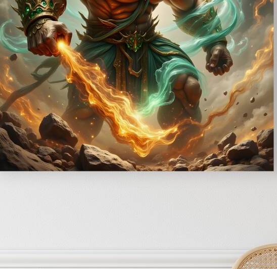 Epic Earth Elemental Warrior Titan With Golden Armor Flaming Hammer And Wind Magic by David Enders